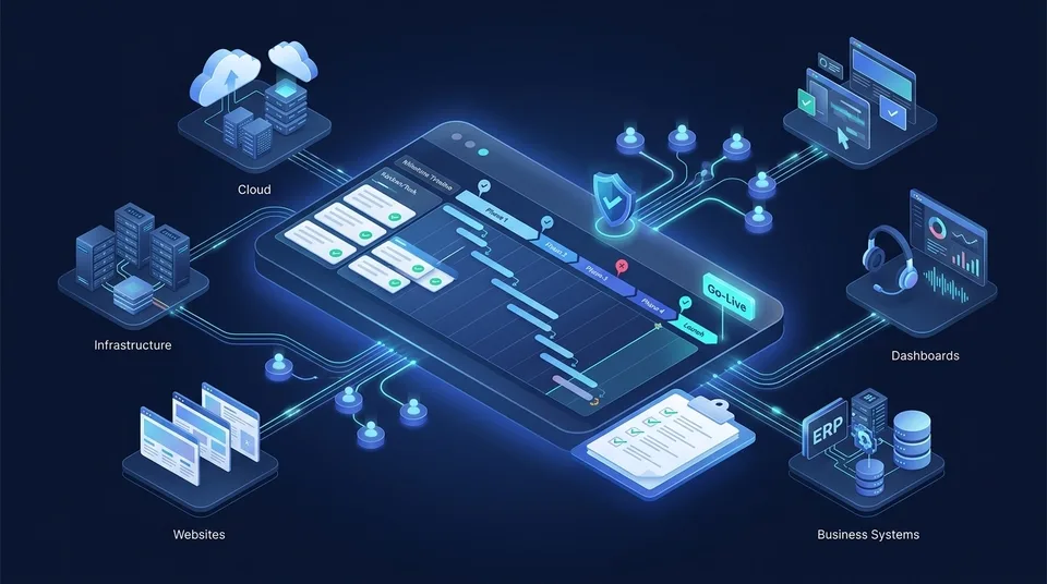 Illustration of technology project delivery, automation, and consulting